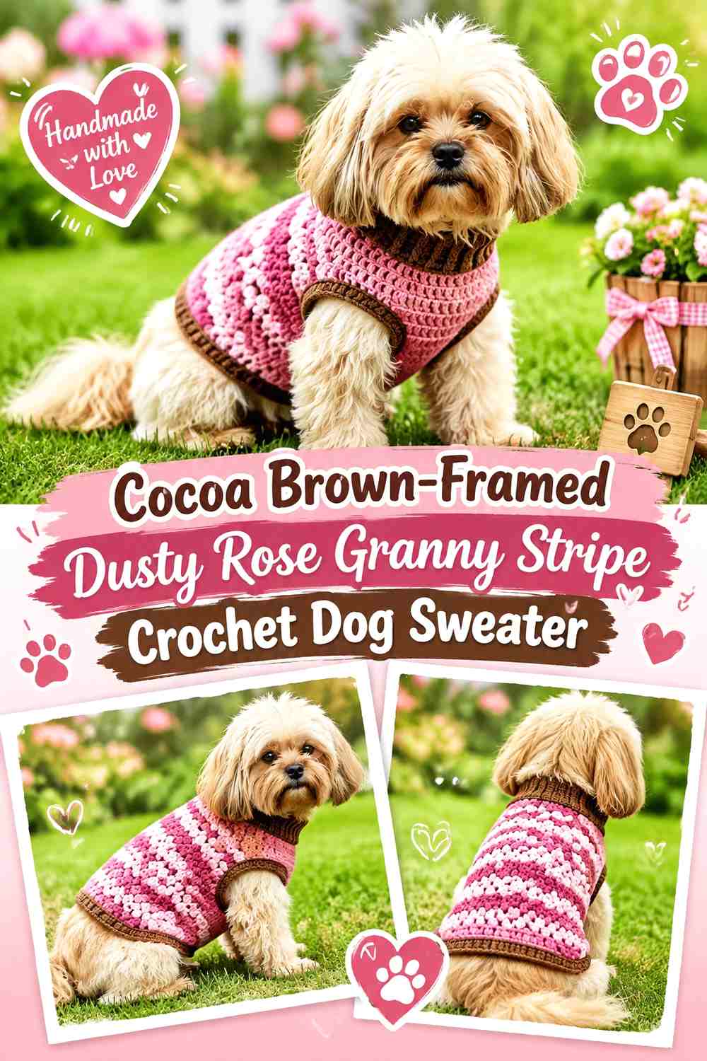 Cocoa Brown-Framed Dusty Rose Granny Stripe Crochet Dog Sweater