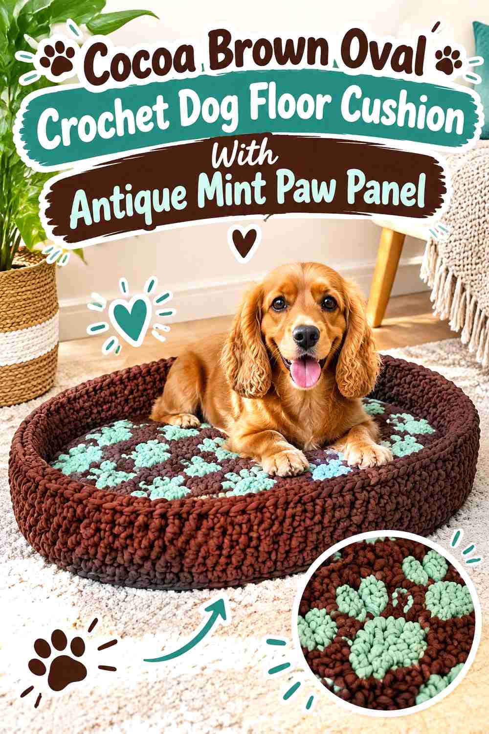 Cocoa Brown Oval Crochet Dog Floor Cushion With Antique Mint Paw Panel