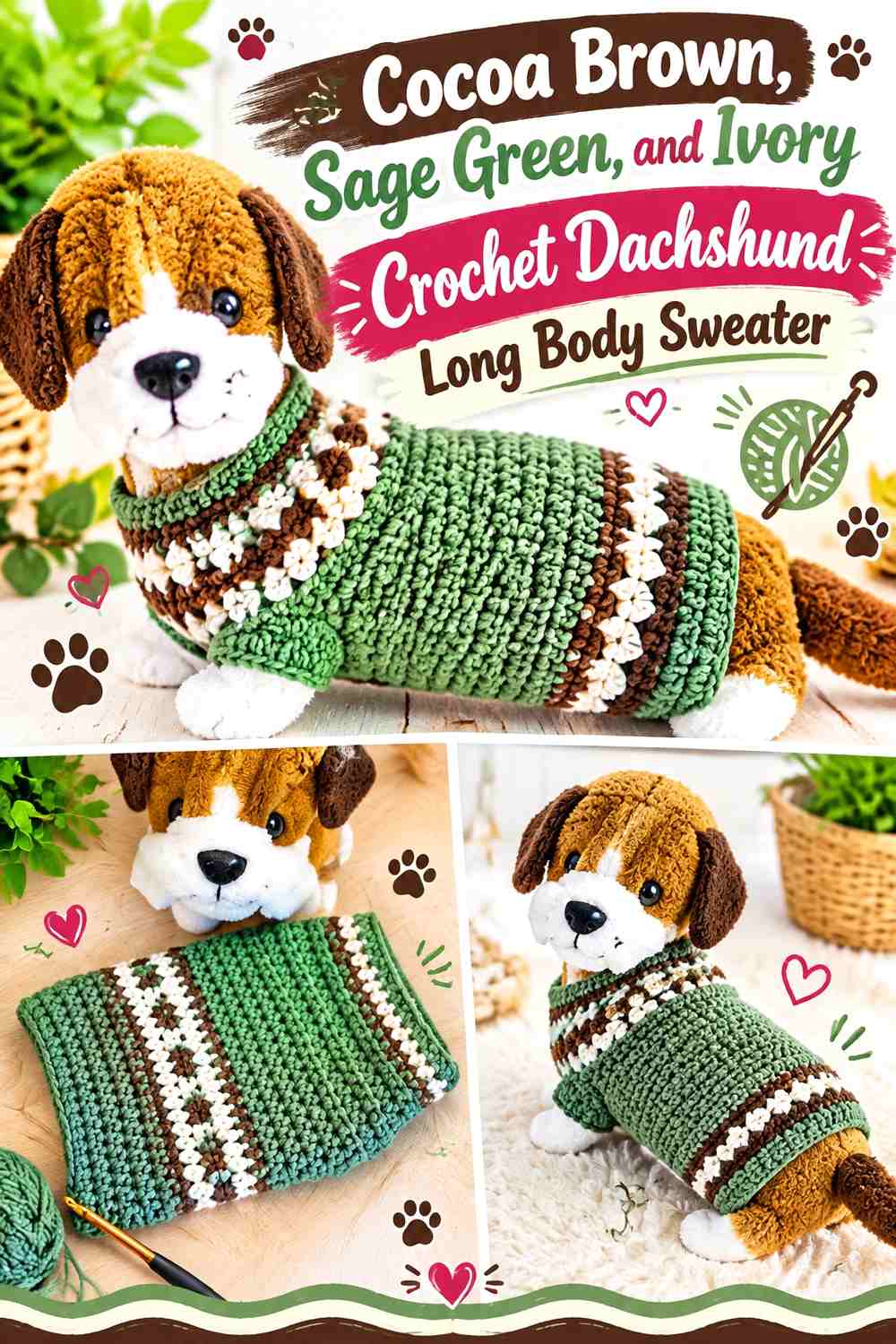 Cocoa Brown, Sage Green, and Ivory Crochet Dachshund Long Body Sweater