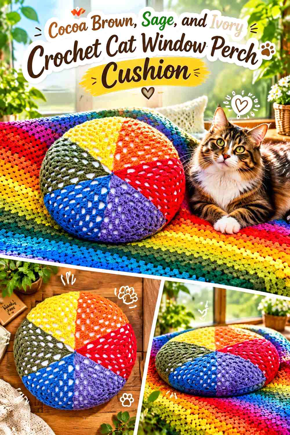Cocoa Brown, Sage, and Ivory Crochet Cat Window Perch Cushion