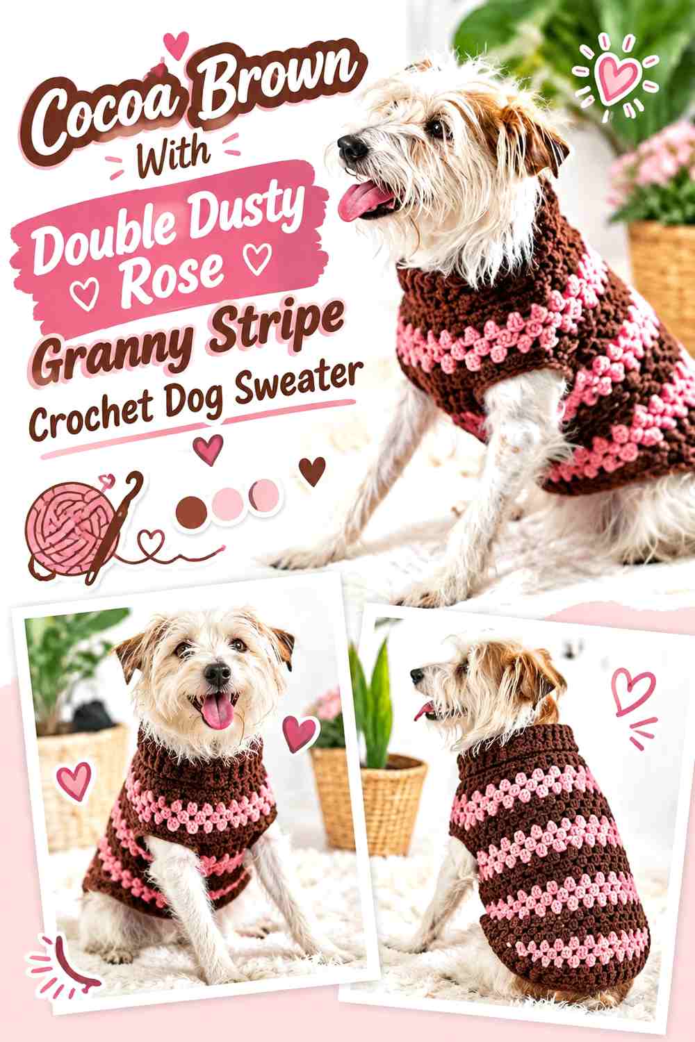 Cocoa Brown With Double Dusty Rose Granny Stripe Crochet Dog Sweater