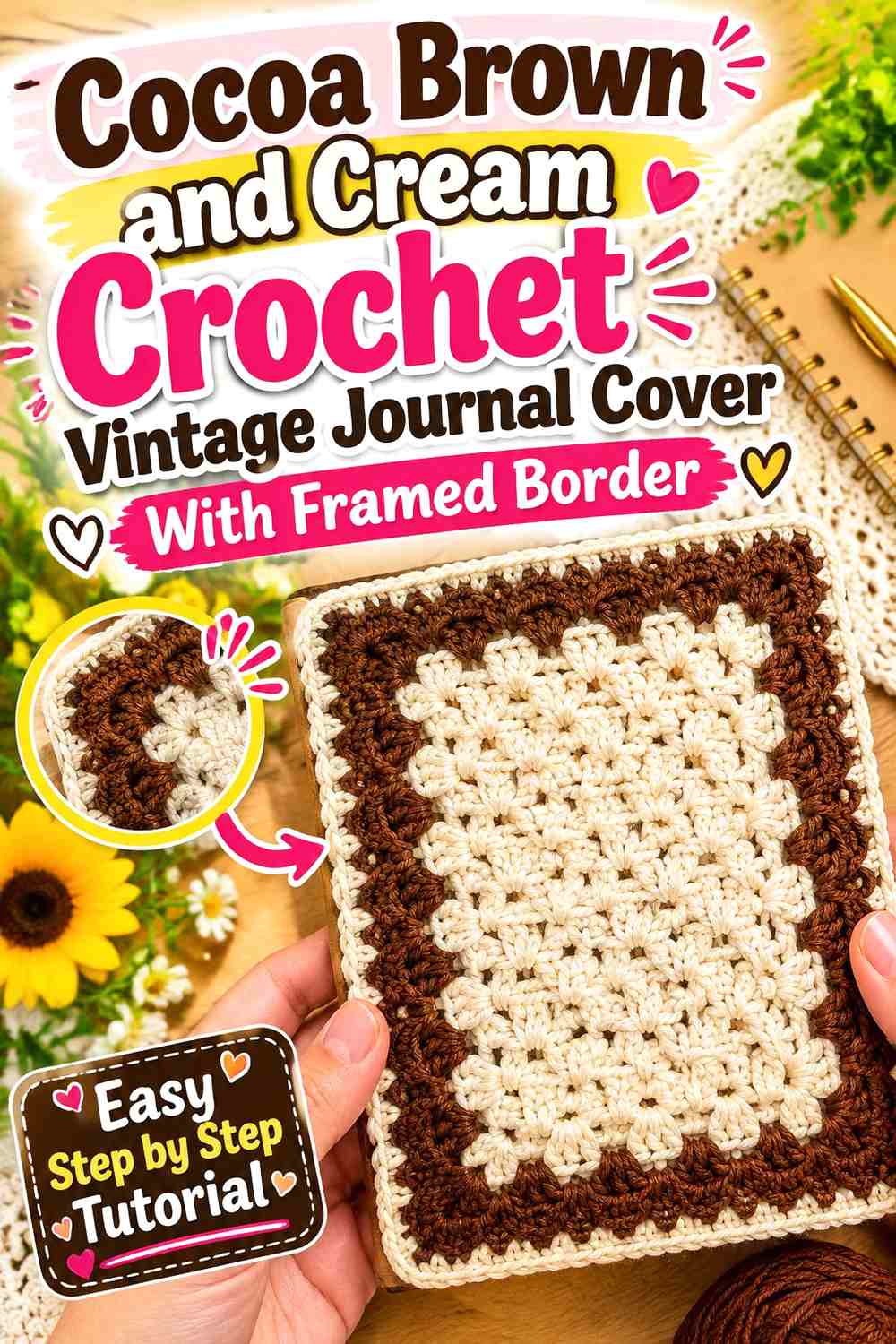Cocoa Brown and Cream Crochet Vintage Journal Cover With Framed Border