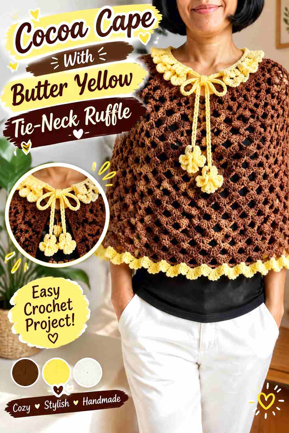 6. Cocoa Cape With Butter Yellow Tie Neck Ruffle