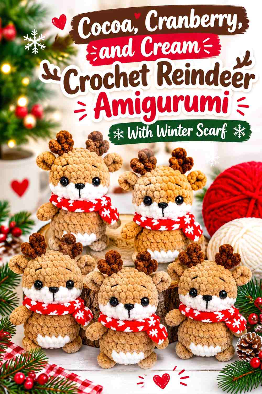 Cocoa, Cranberry, and Cream Crochet Reindeer Amigurumi With Winter Scarf