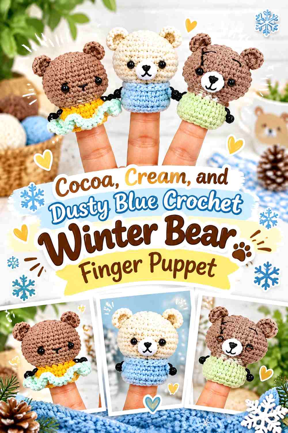 Cocoa, Cream, and Dusty Blue Crochet Winter Bear Finger Puppet