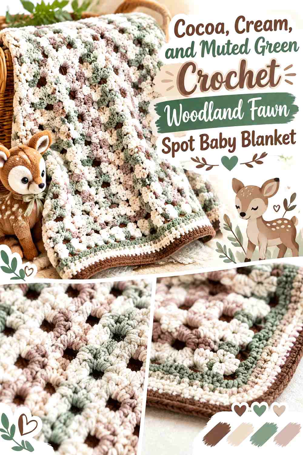 Cocoa, Cream, and Muted Green Crochet Woodland Fawn Spot Baby Blanket