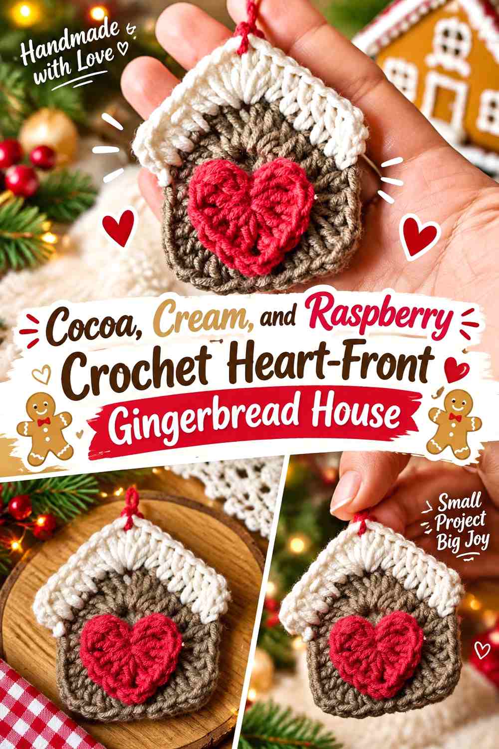 Cocoa, Cream, and Raspberry Crochet Heart-Front Gingerbread House