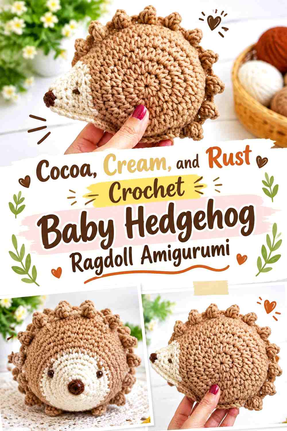 Cocoa, Cream, and Rust Crochet Baby Hedgehog Ragdoll Amigurumi