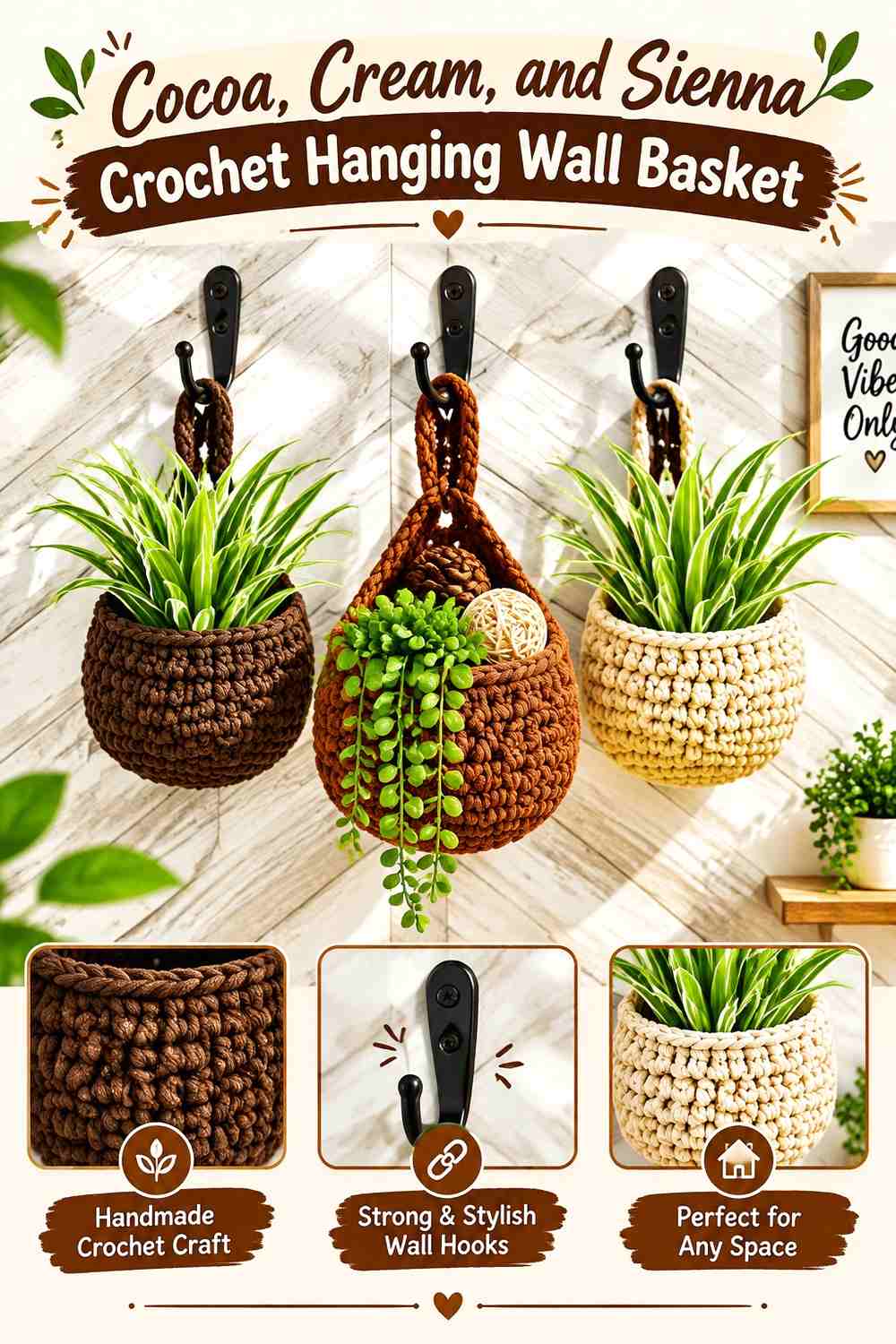 Cocoa, Cream, and Sienna Crochet Hanging Wall Basket