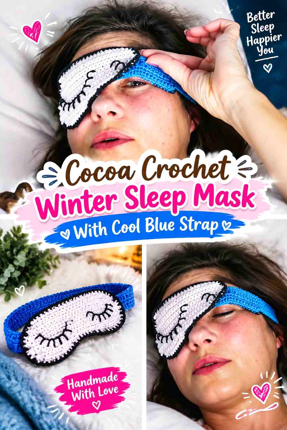 4. Cocoa Crochet Winter Sleep Mask With Cool Blue Strap