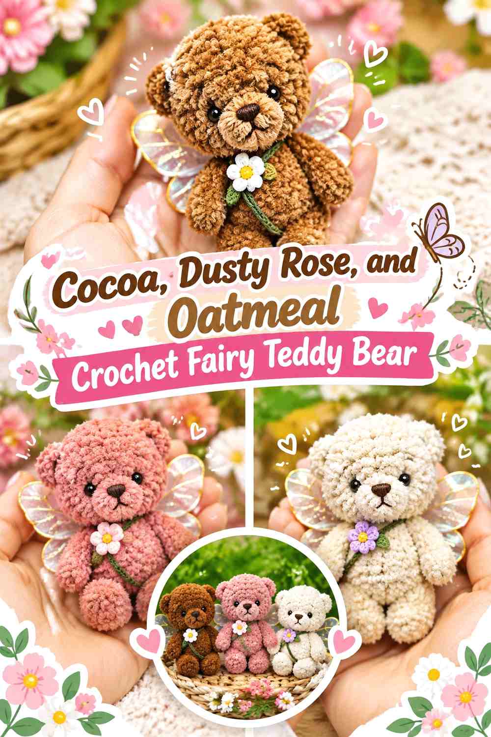 Cocoa, Dusty Rose, and Oatmeal Crochet Fairy Teddy Bear
