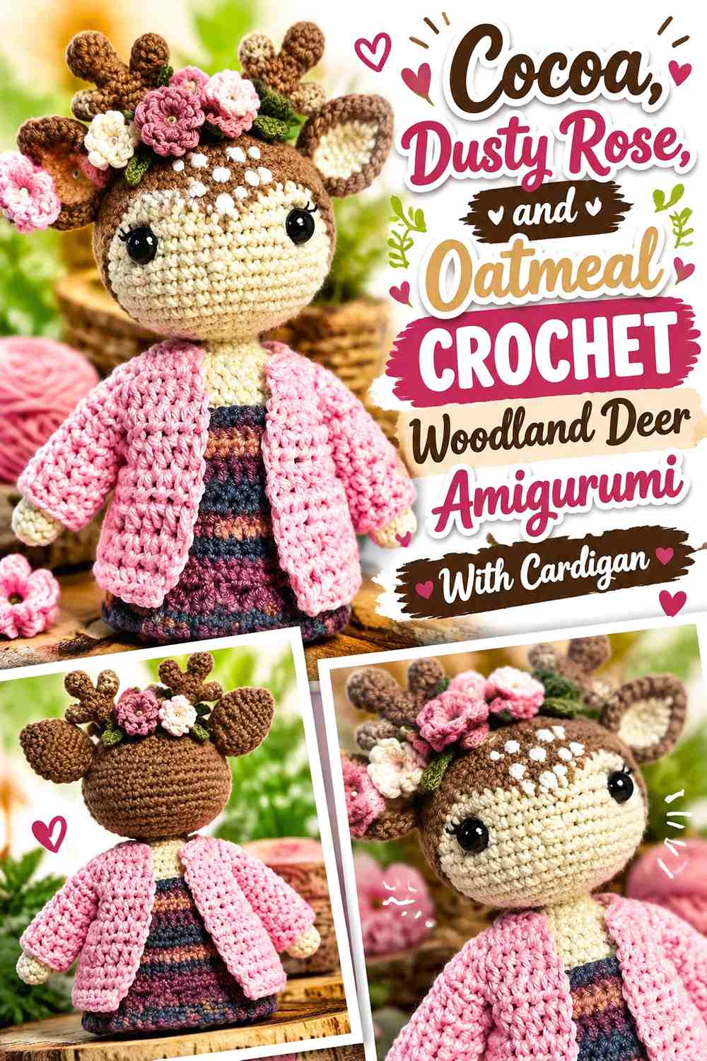 Cocoa, Dusty Rose, and Oatmeal Crochet Woodland Deer Amigurumi With Cardigan