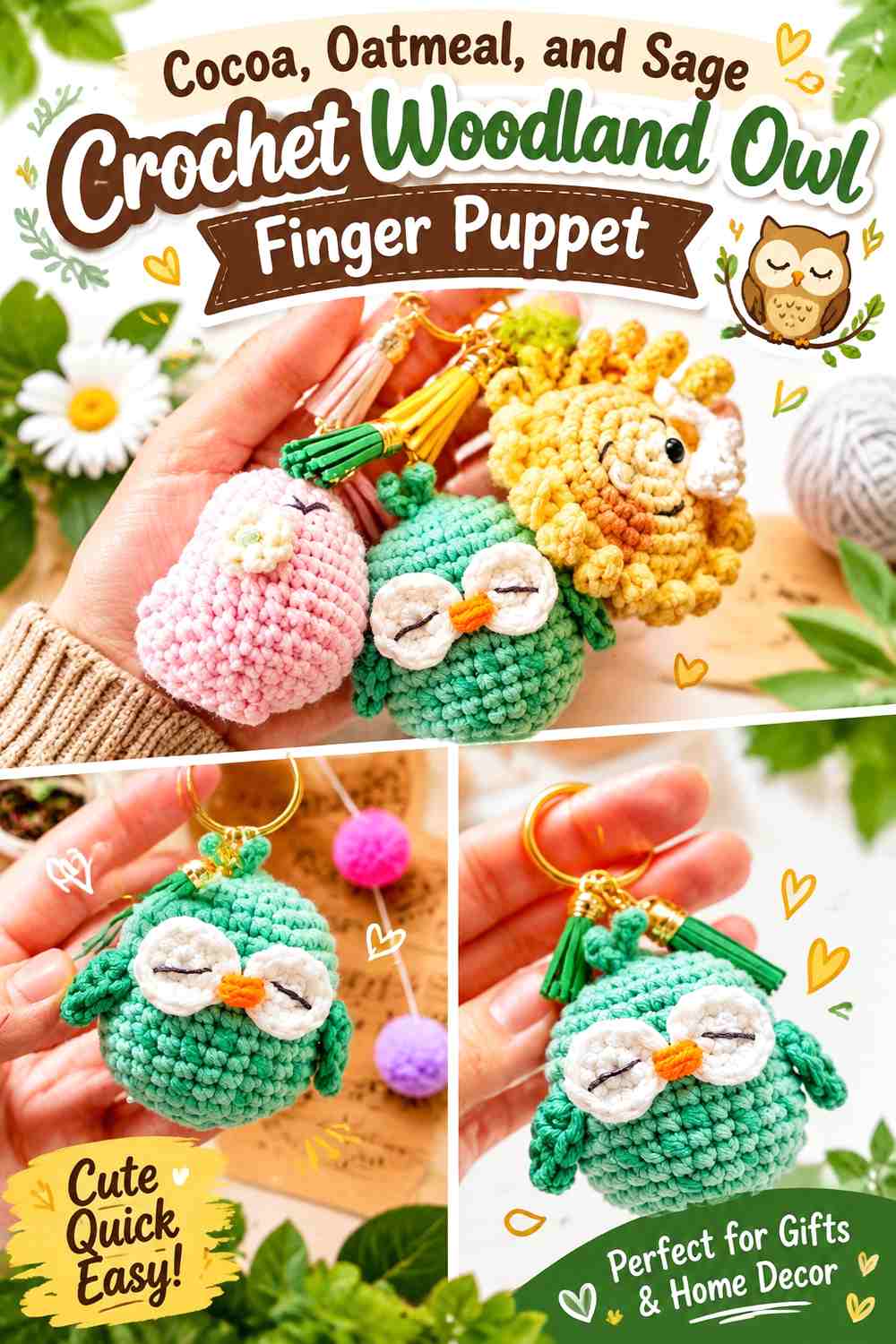 Cocoa, Oatmeal, and Sage Crochet Woodland Owl Finger Puppet