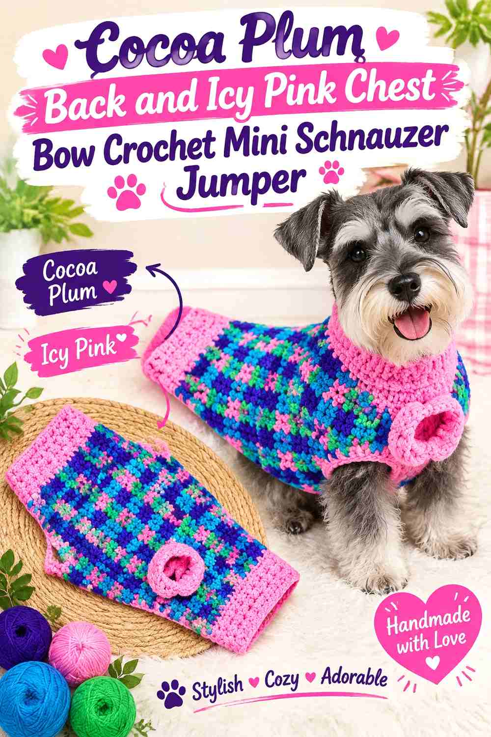 Cocoa Plum Back and Icy Pink Chest Bow Crochet Mini Schnauzer Jumper