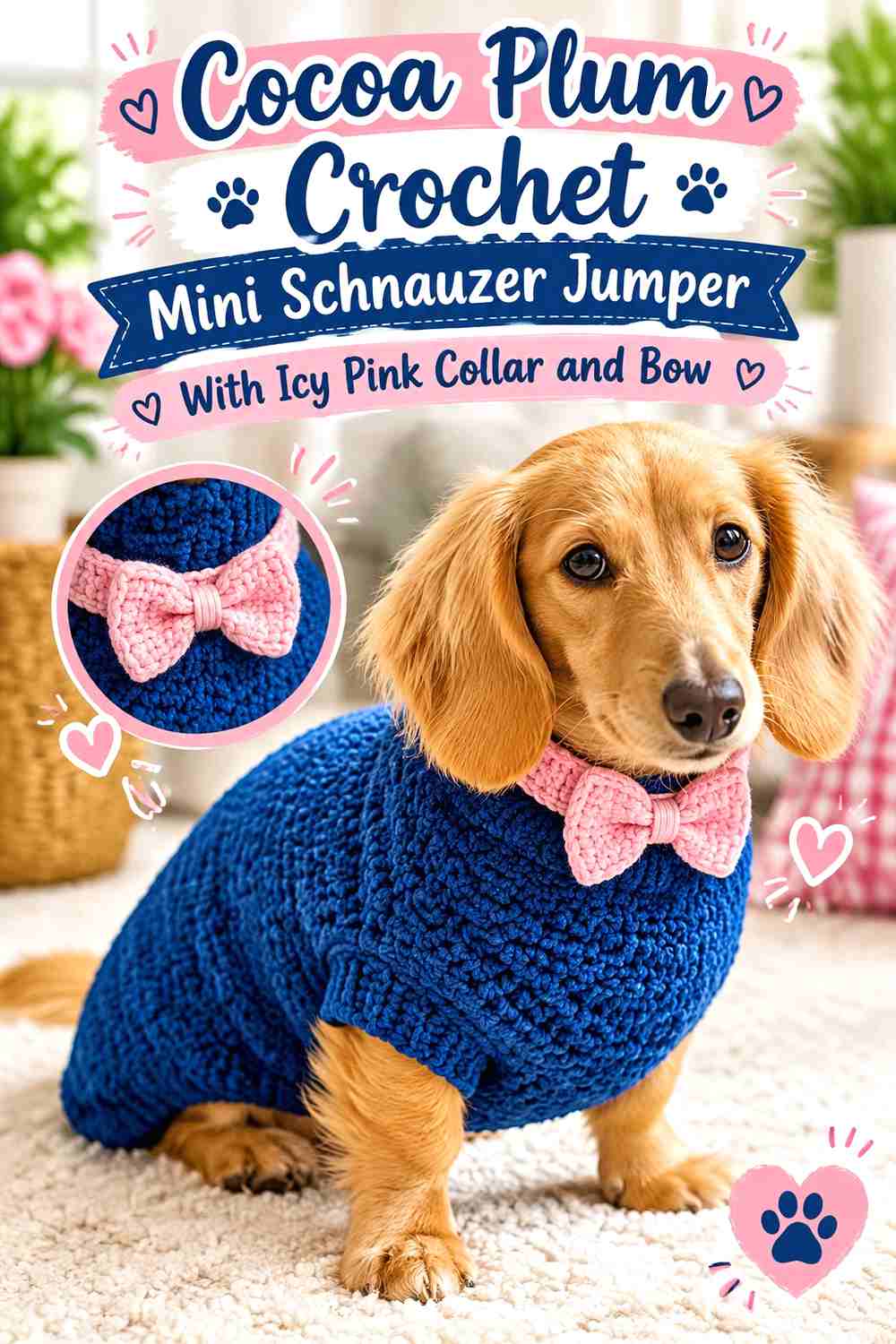 Cocoa Plum Crochet Mini Schnauzer Jumper With Icy Pink Collar and Bow