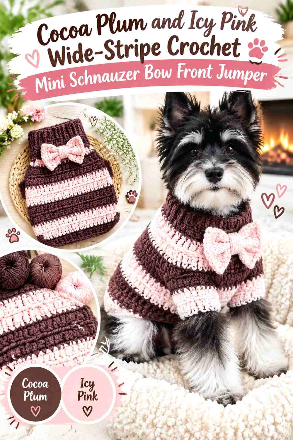 Cocoa Plum and Icy Pink Wide-Stripe Crochet Mini Schnauzer Bow Front Jumper