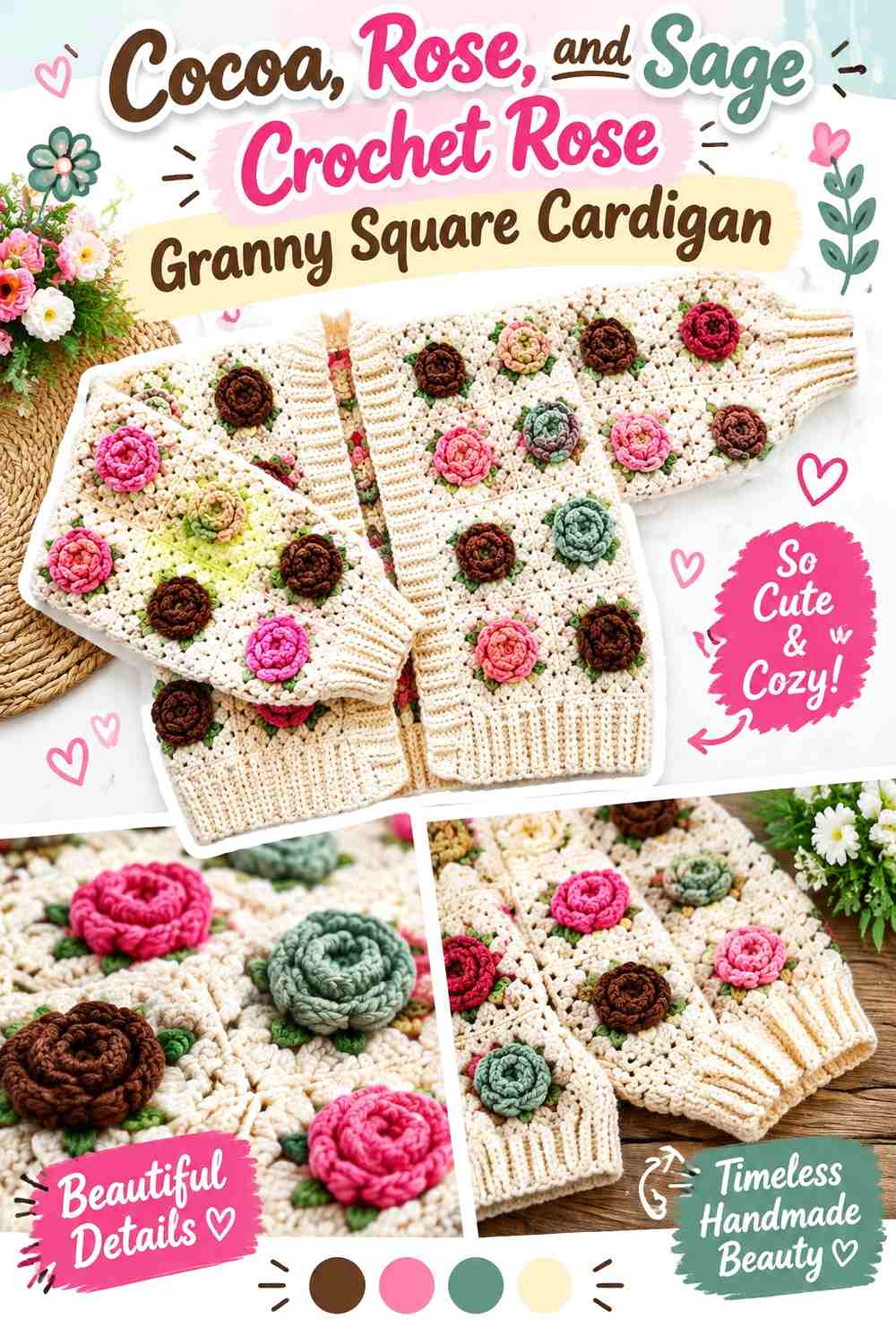 Cocoa, Rose, and Sage Crochet Rose Granny Square Cardigan