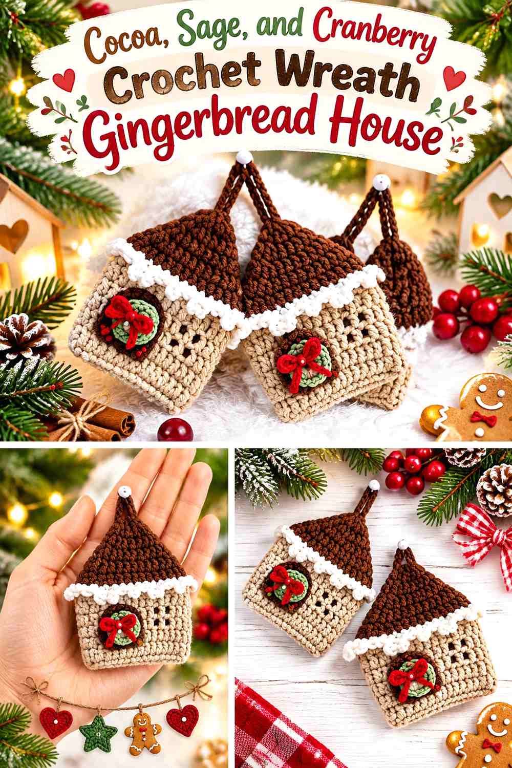 Cocoa, Sage, and Cranberry Crochet Wreath Gingerbread House