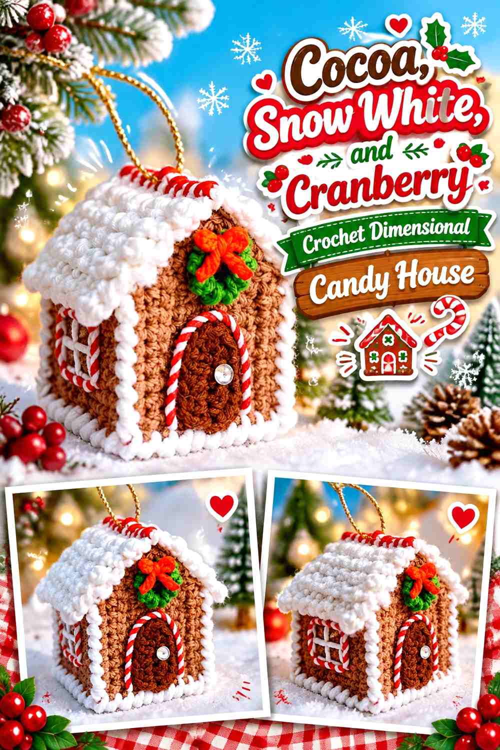 Cocoa, Snow White, and Cranberry Crochet Dimensional Candy House