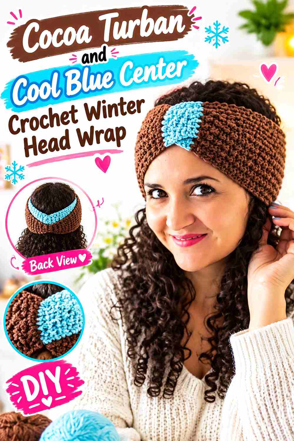 4. Cocoa Turban And Cool Blue Center Crochet Winter Head Wrap