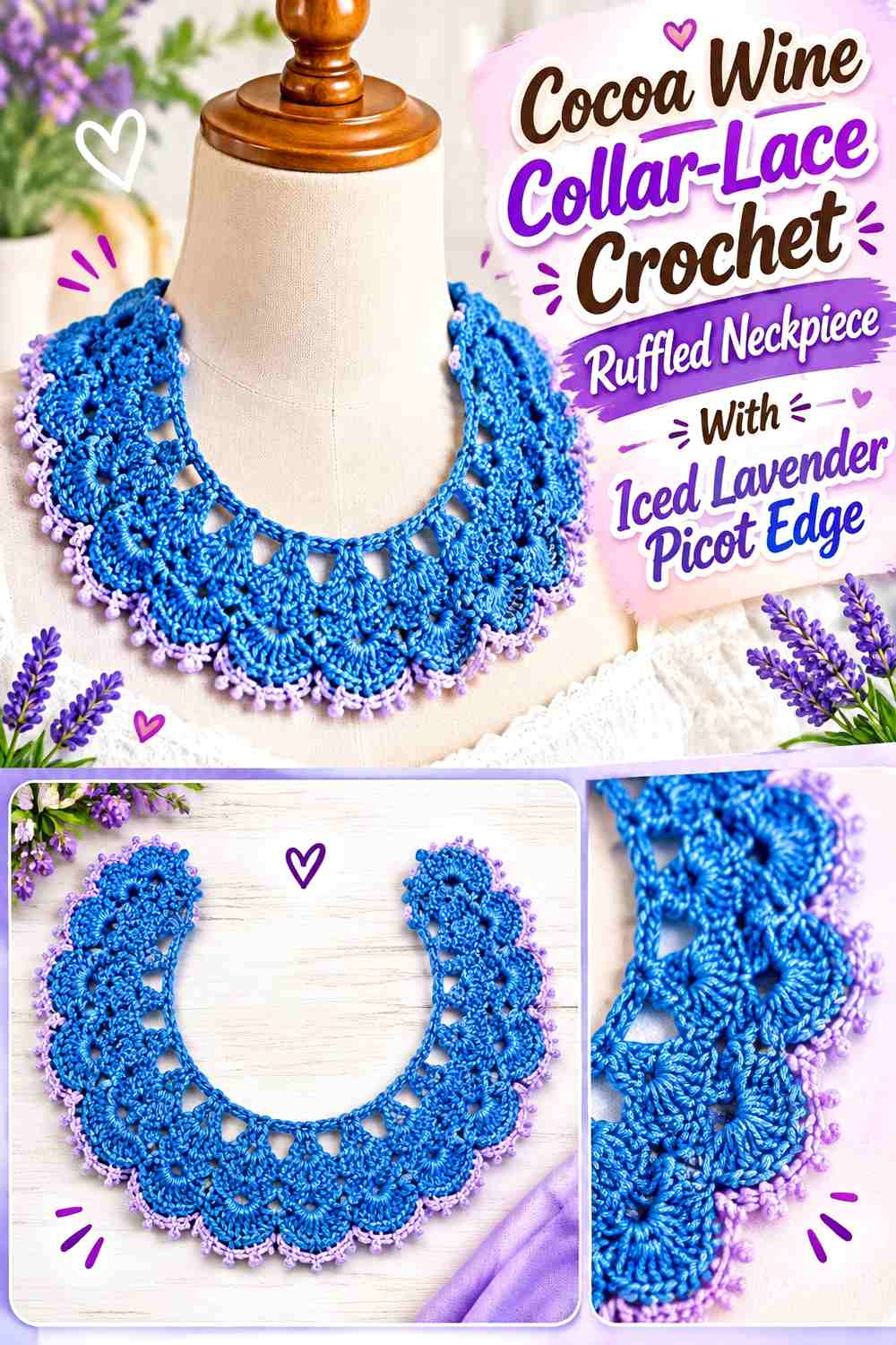 Cocoa Wine Collar-Lace Crochet Ruffled Neckpiece With Iced Lavender Picot Edge