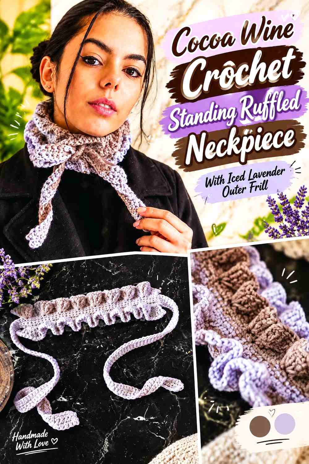 Cocoa Wine Crochet Standing Ruffled Neckpiece With Iced Lavender Outer Frill