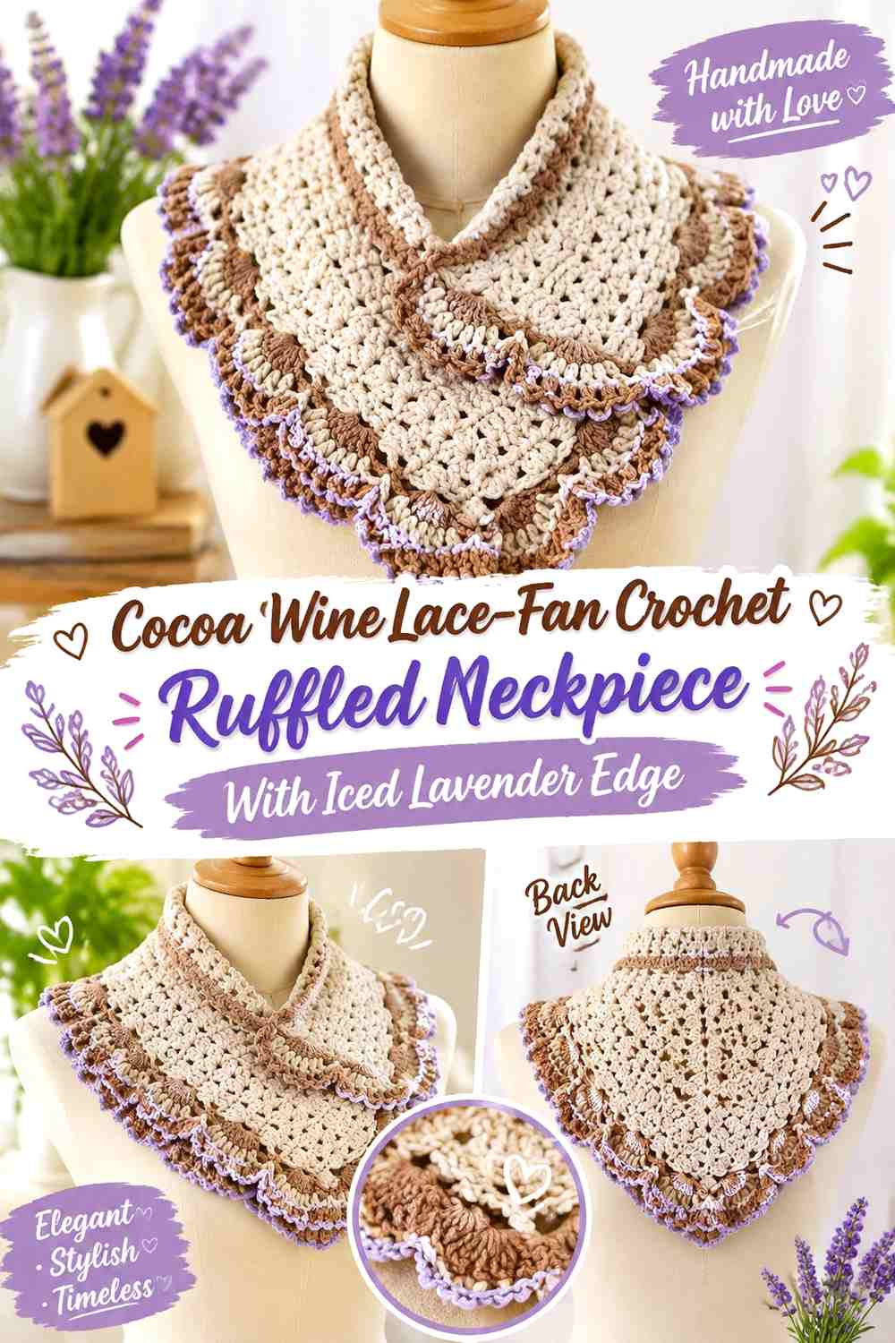 Cocoa Wine Lace-Fan Crochet Ruffled Neckpiece With Iced Lavender Edge