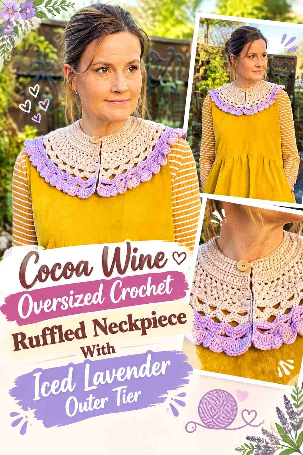 Cocoa Wine Oversized Crochet Ruffled Neckpiece With Iced Lavender Outer Tier