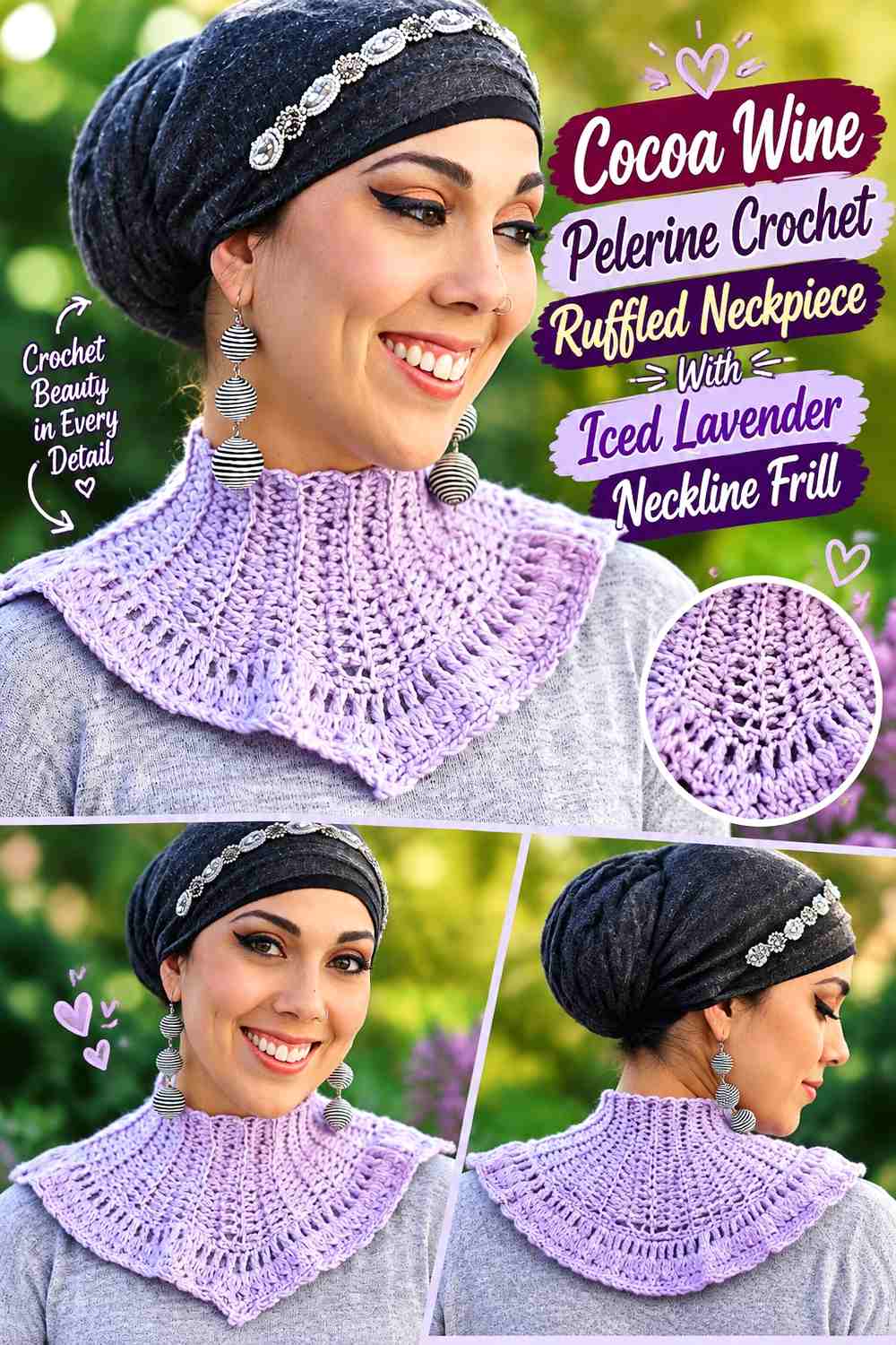 Cocoa Wine Pelerine Crochet Ruffled Neckpiece With Iced Lavender Neckline Frill