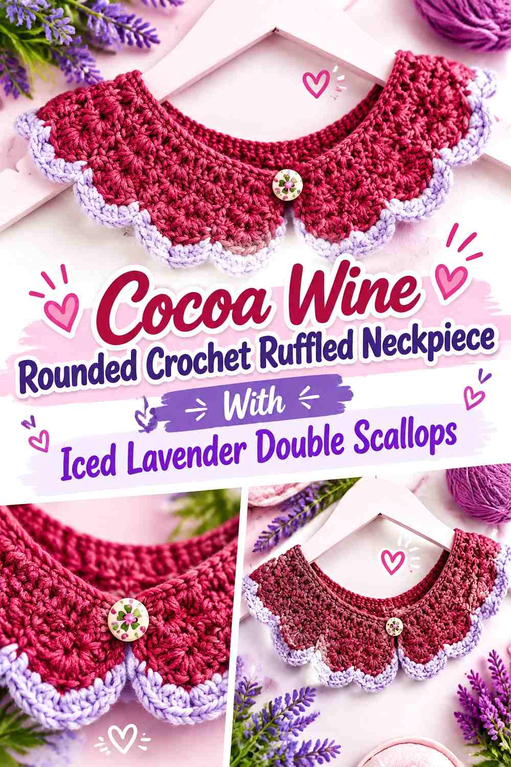 Cocoa Wine Rounded Crochet Ruffled Neckpiece With Iced Lavender Double Scallops