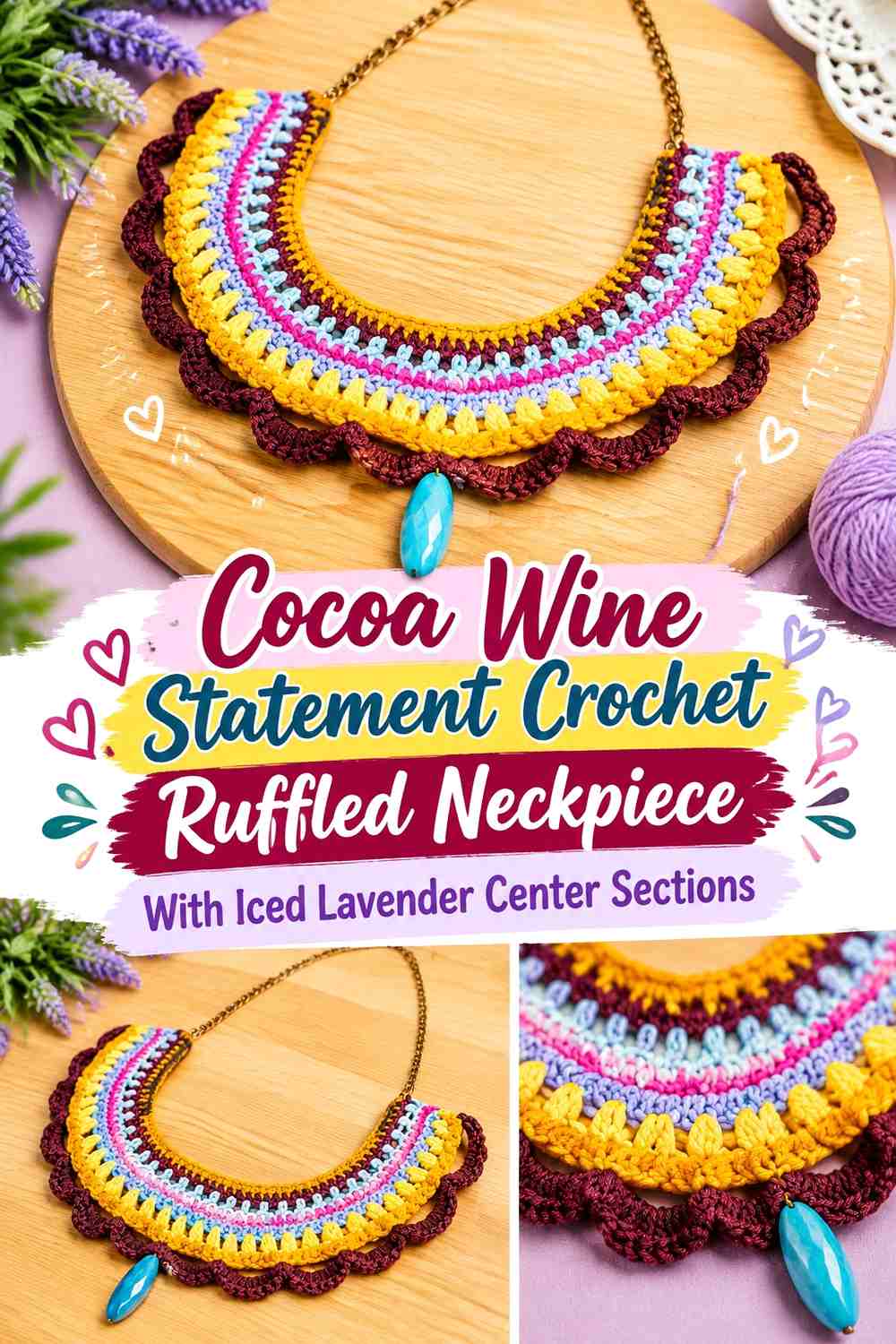 Cocoa Wine Statement Crochet Ruffled Neckpiece With Iced Lavender Center Sections