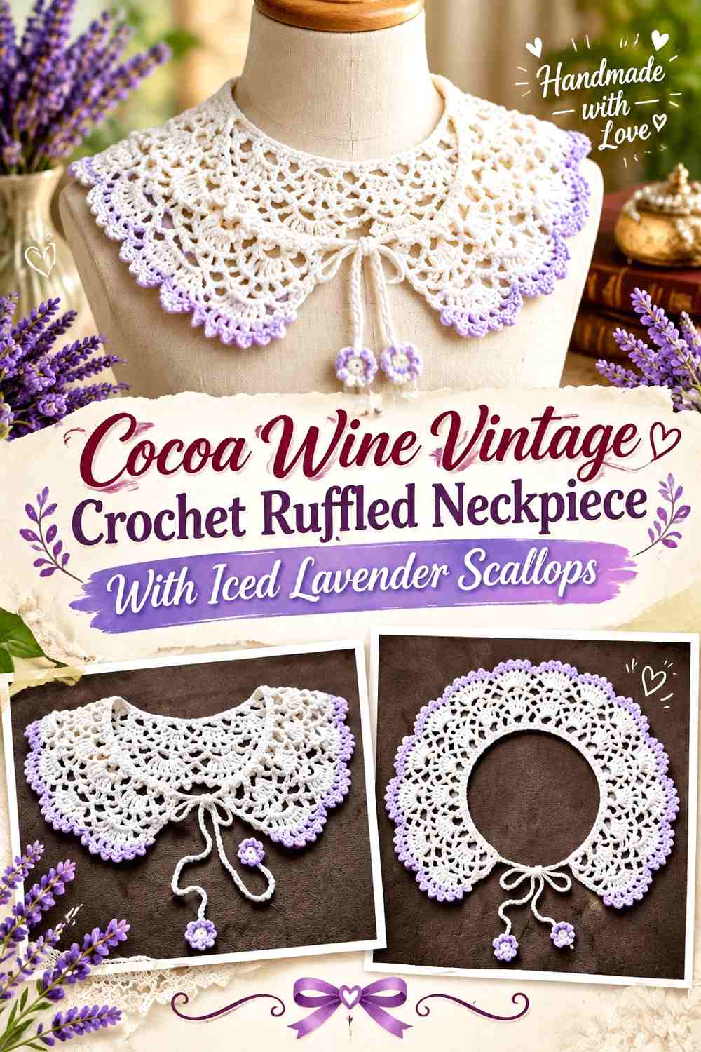 Cocoa Wine Vintage Crochet Ruffled Neckpiece With Iced Lavender Scallops