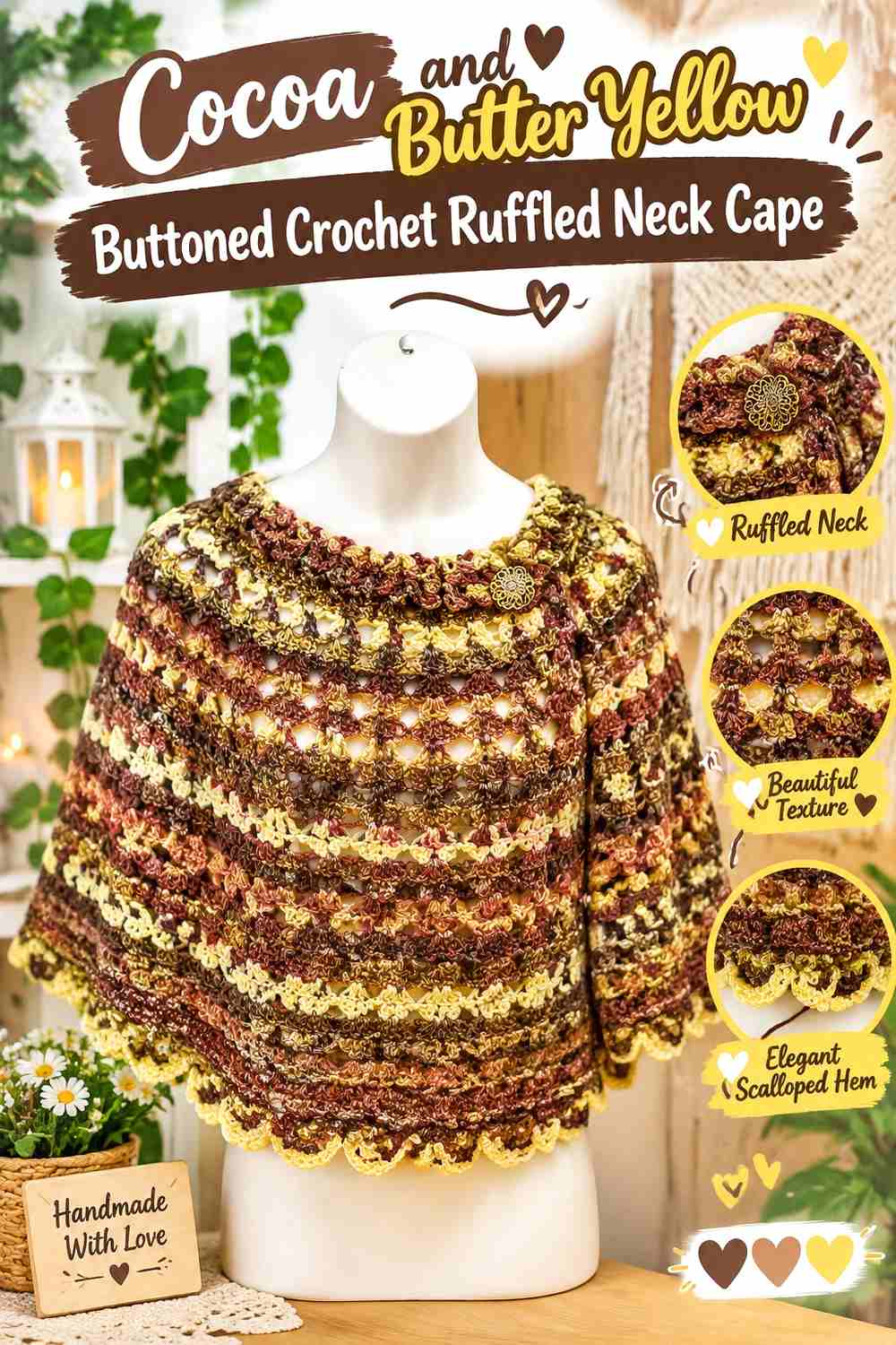 5. Cocoa And Butter Yellow Buttoned Crochet Ruffled Neck Cape