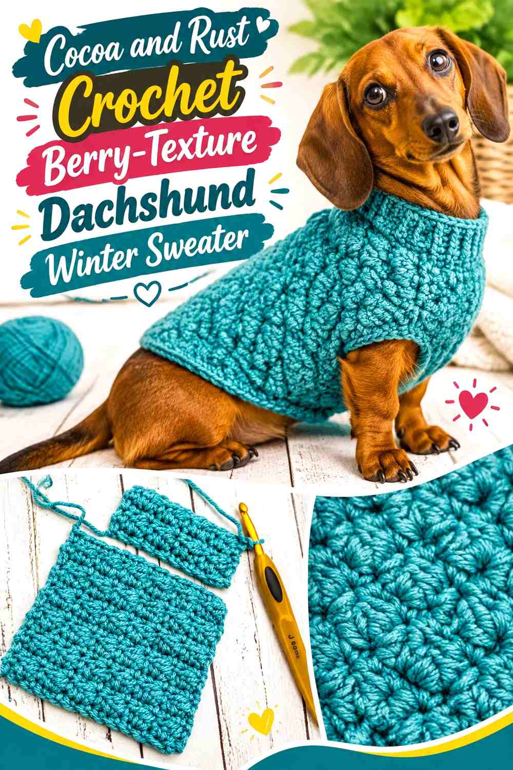 Cocoa and Rust Crochet Berry-Texture Dachshund Winter Sweater