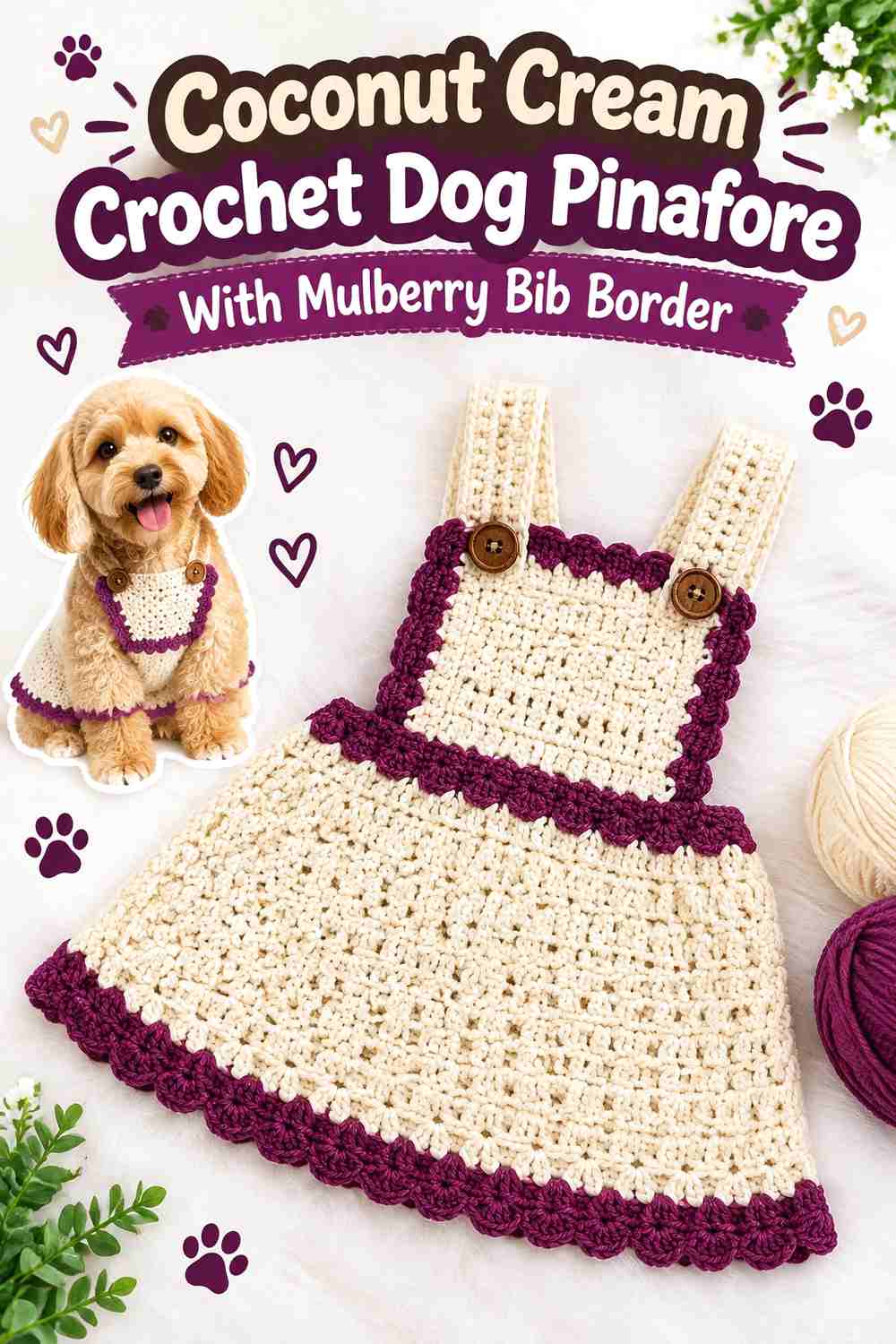 Coconut Cream Crochet Dog Pinafore With Mulberry Bib Border