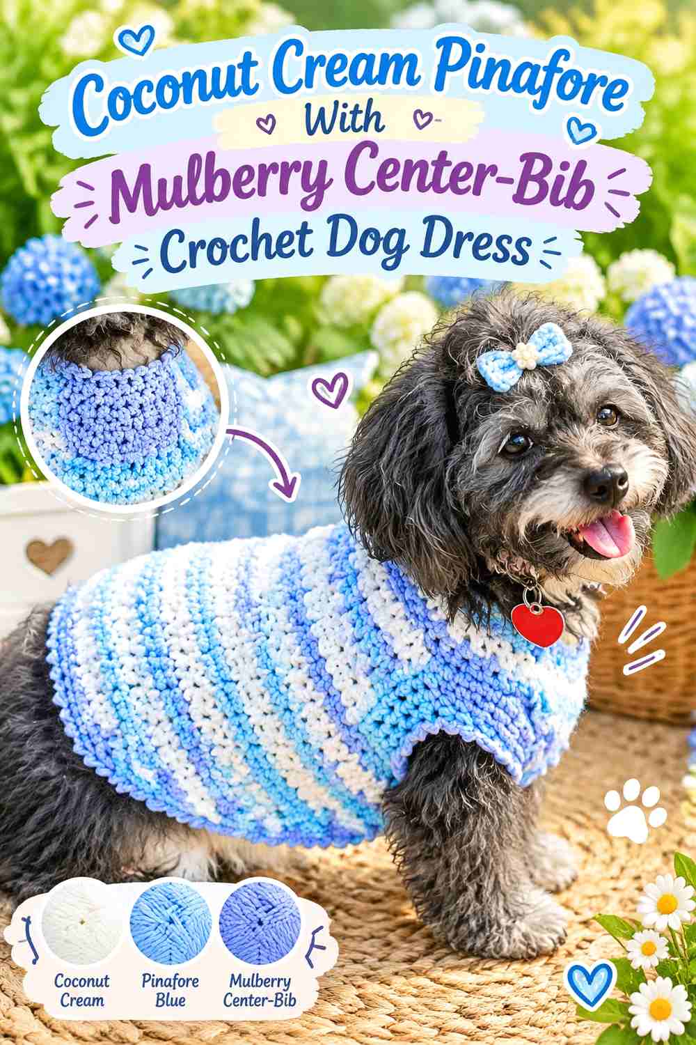 Coconut Cream Pinafore With Mulberry Center-Bib Crochet Dog Dress