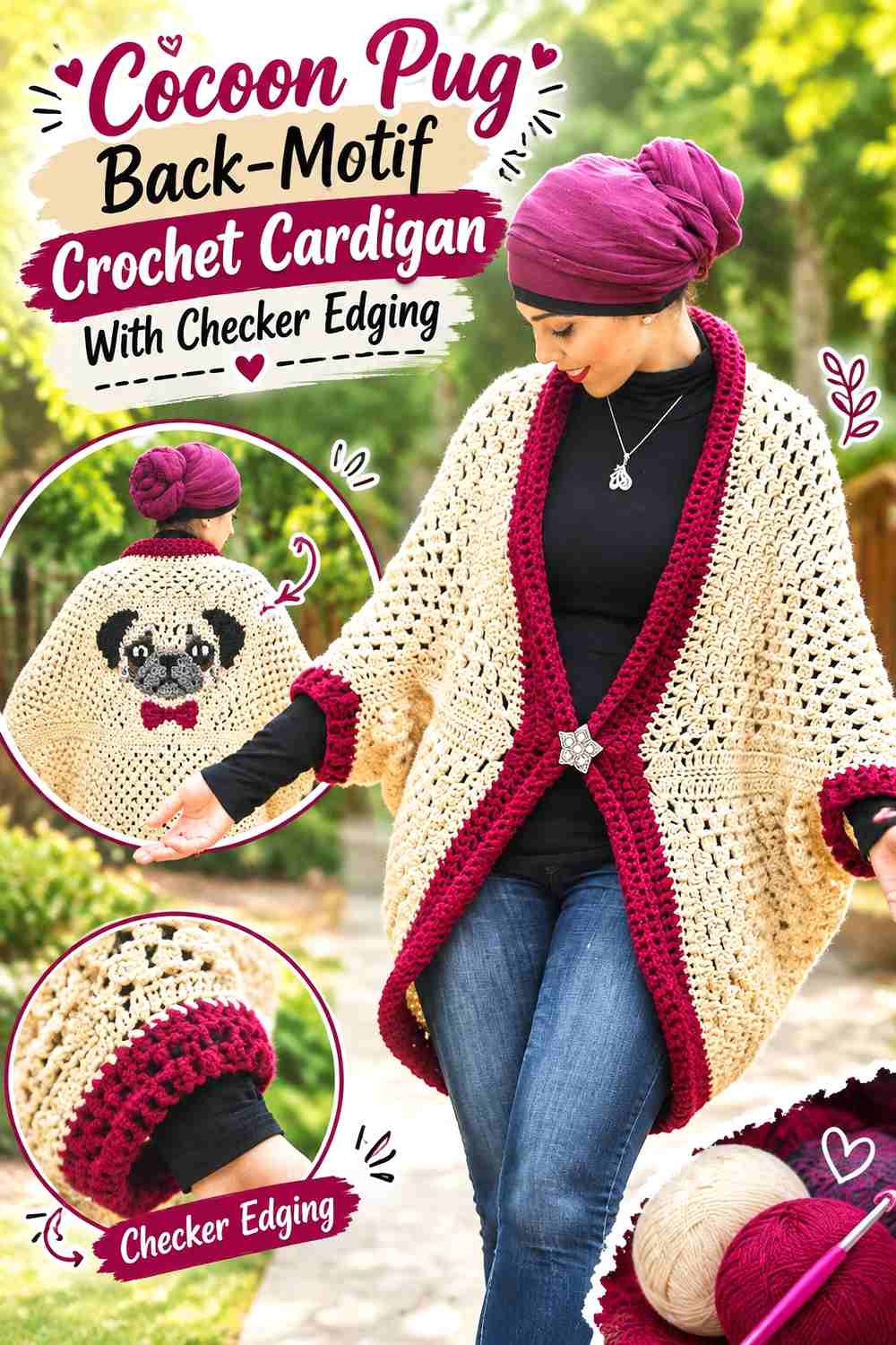 Cocoon Pug Back-Motif Crochet Cardigan With Checker Edging