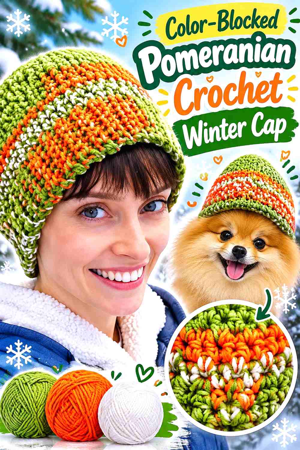 Color-Blocked Pomeranian Crochet Winter Cap
