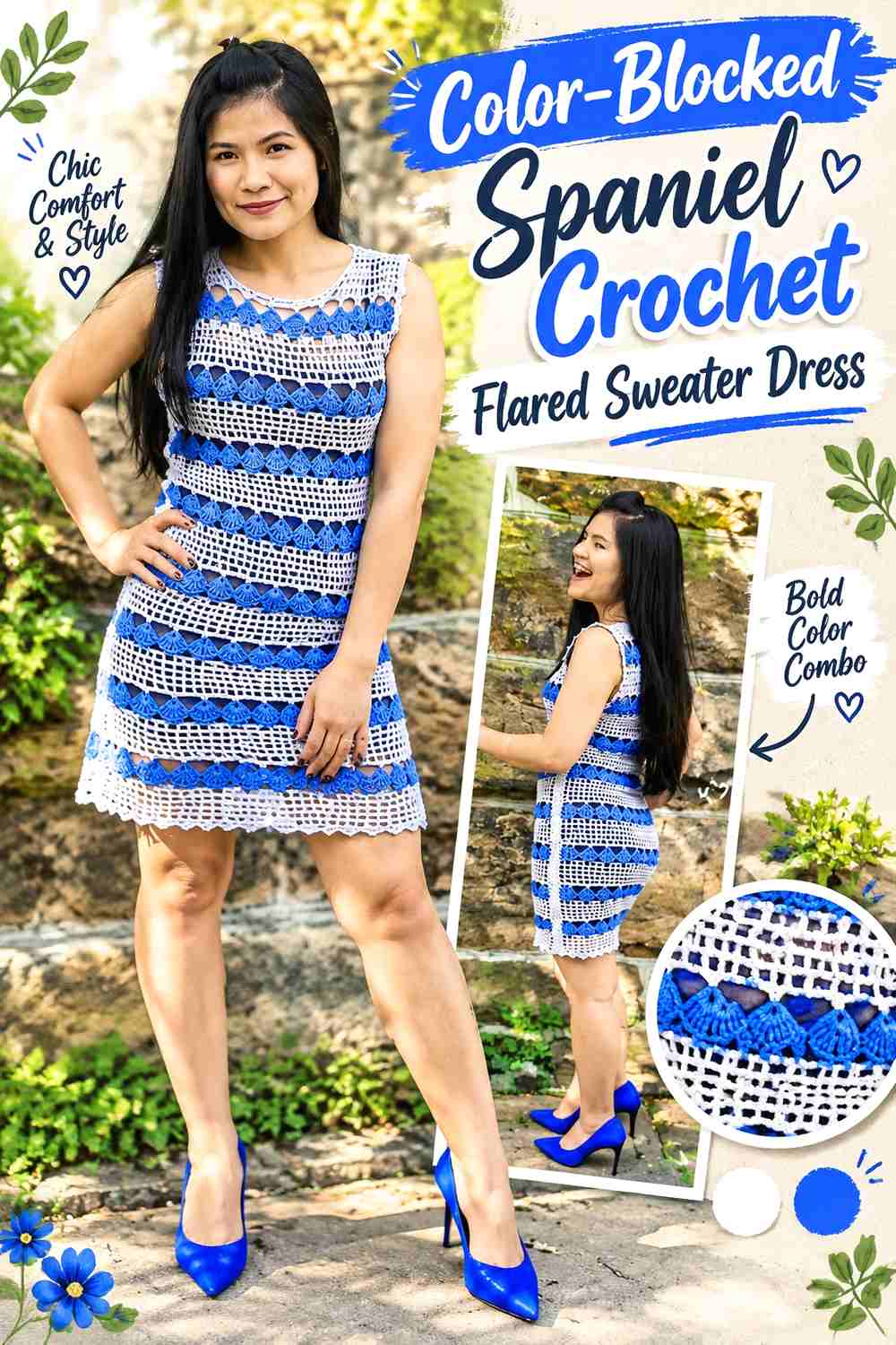 Color-Blocked Spaniel Crochet Flared Sweater Dress