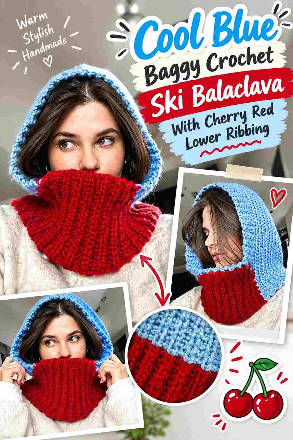 11. Cool Blue Baggy Crochet Ski Balaclava With Cherry Red Lower Ribbing