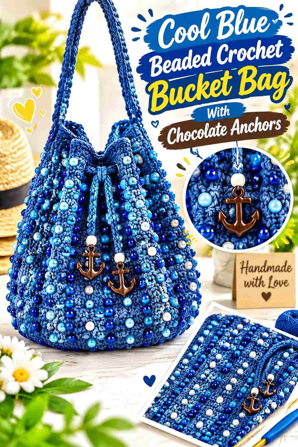 7. Cool Blue Beaded Crochet Bucket Bag With Chocolate Anchors
