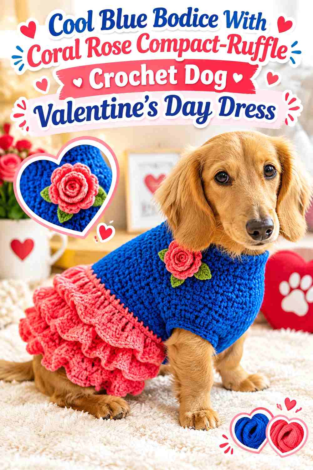 Cool Blue Bodice With Coral Rose Compact-Ruffle Crochet Dog Valentine's Day Dress