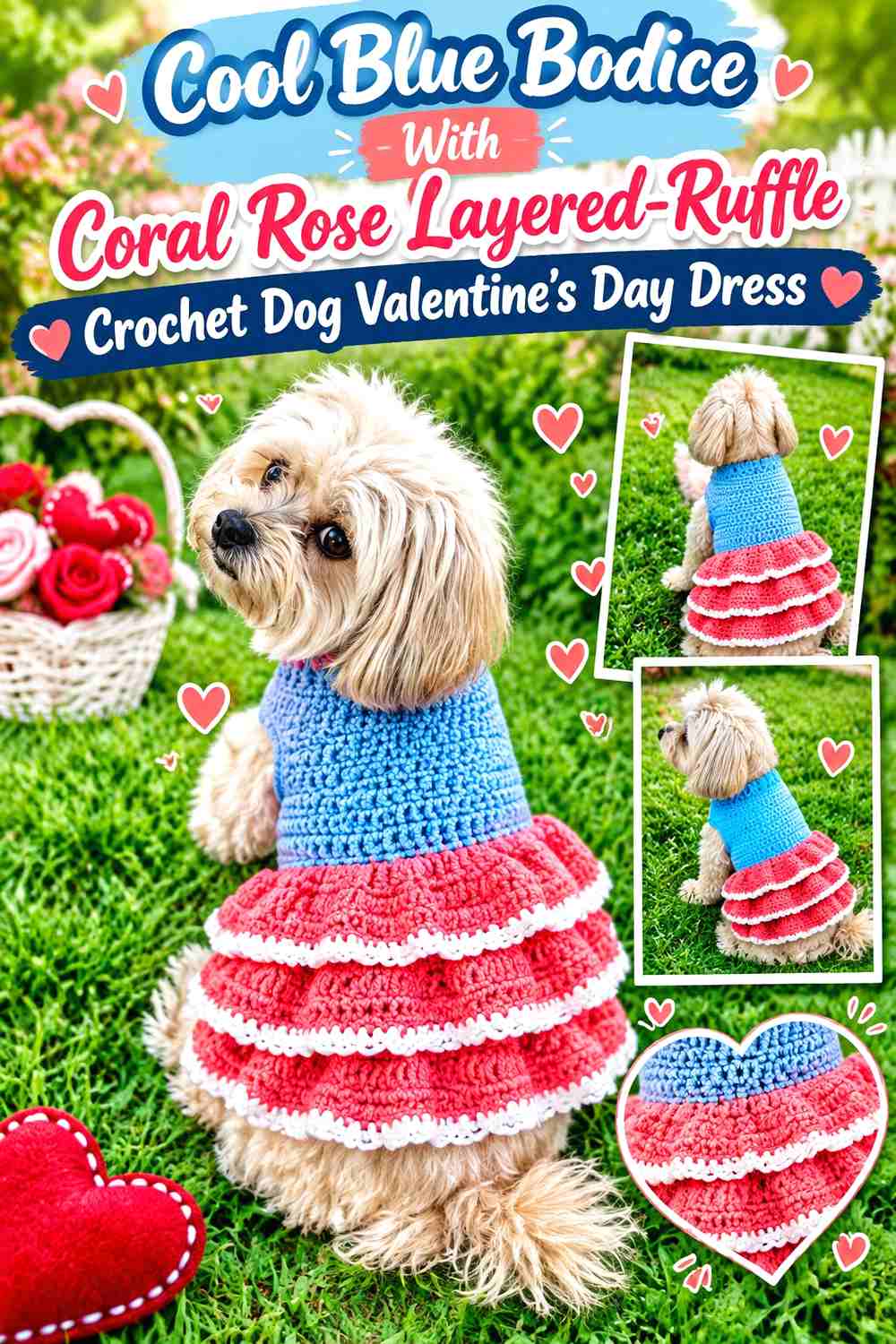 Cool Blue Bodice With Coral Rose Layered-Ruffle Crochet Dog Valentine's Day Dress