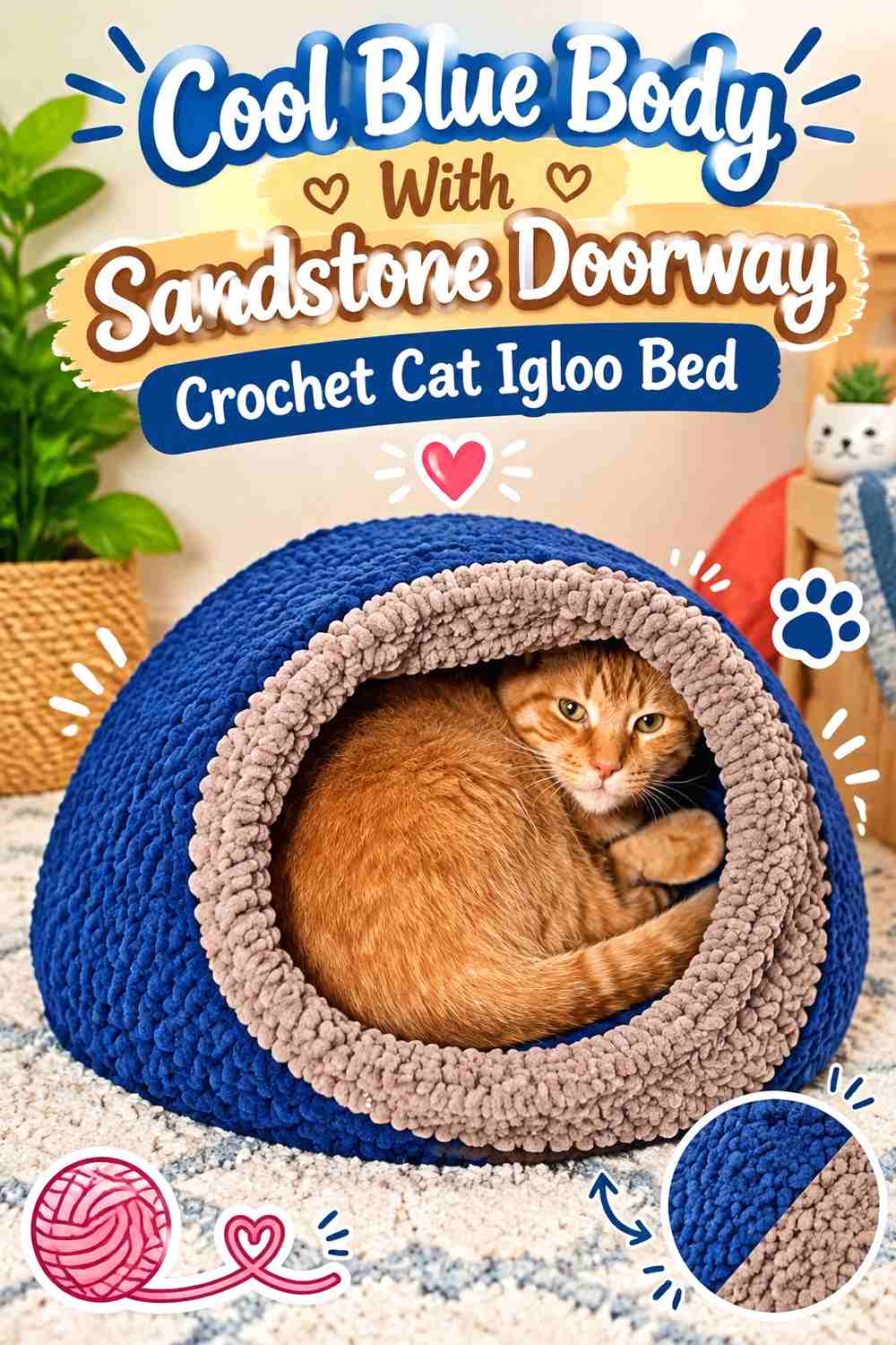 Cool Blue Body With Sandstone Doorway Crochet Cat Igloo Bed
