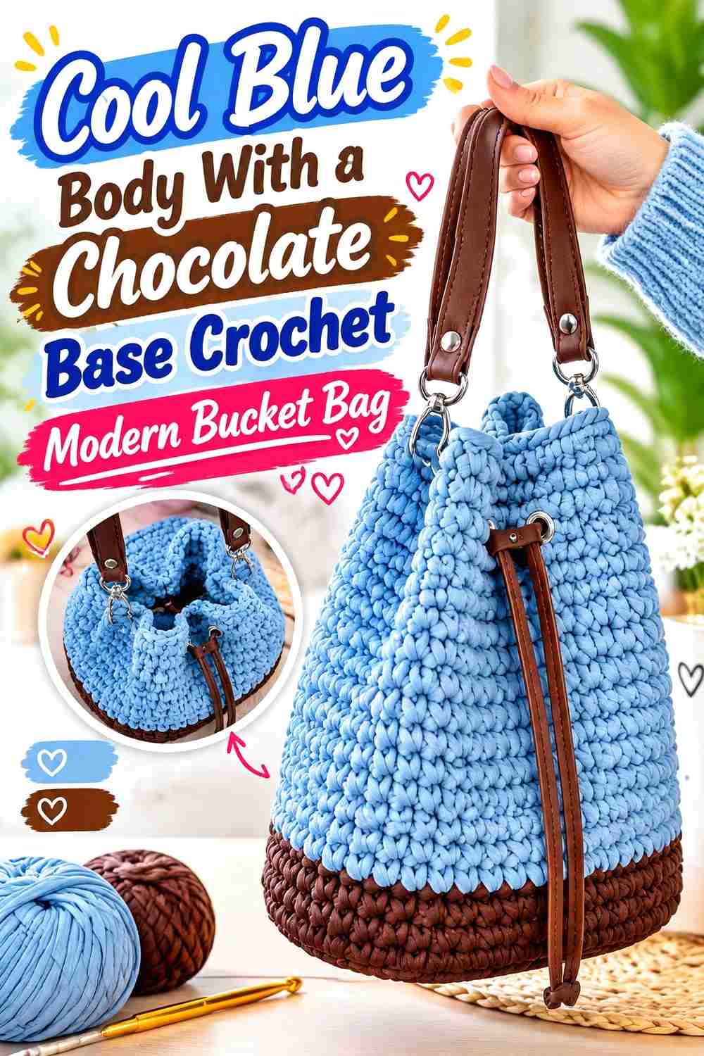 1. Cool Blue Body With A Chocolate Base Crochet Modern Bucket Bag
