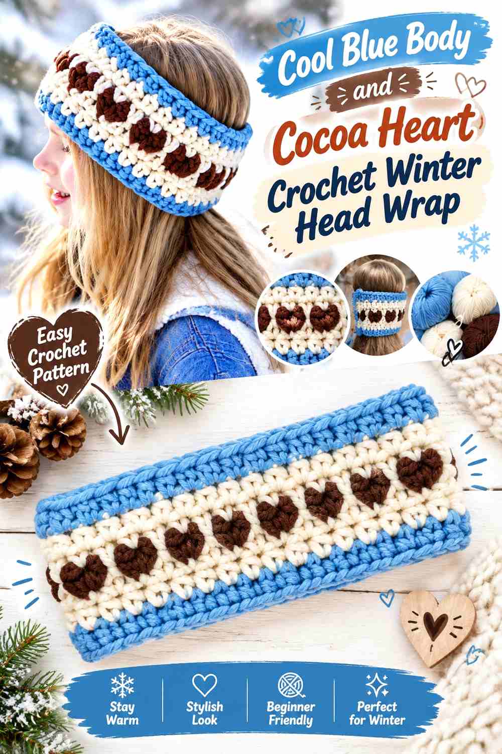 13. Cool Blue Body And Cocoa Heart Crochet Winter Head Wrap