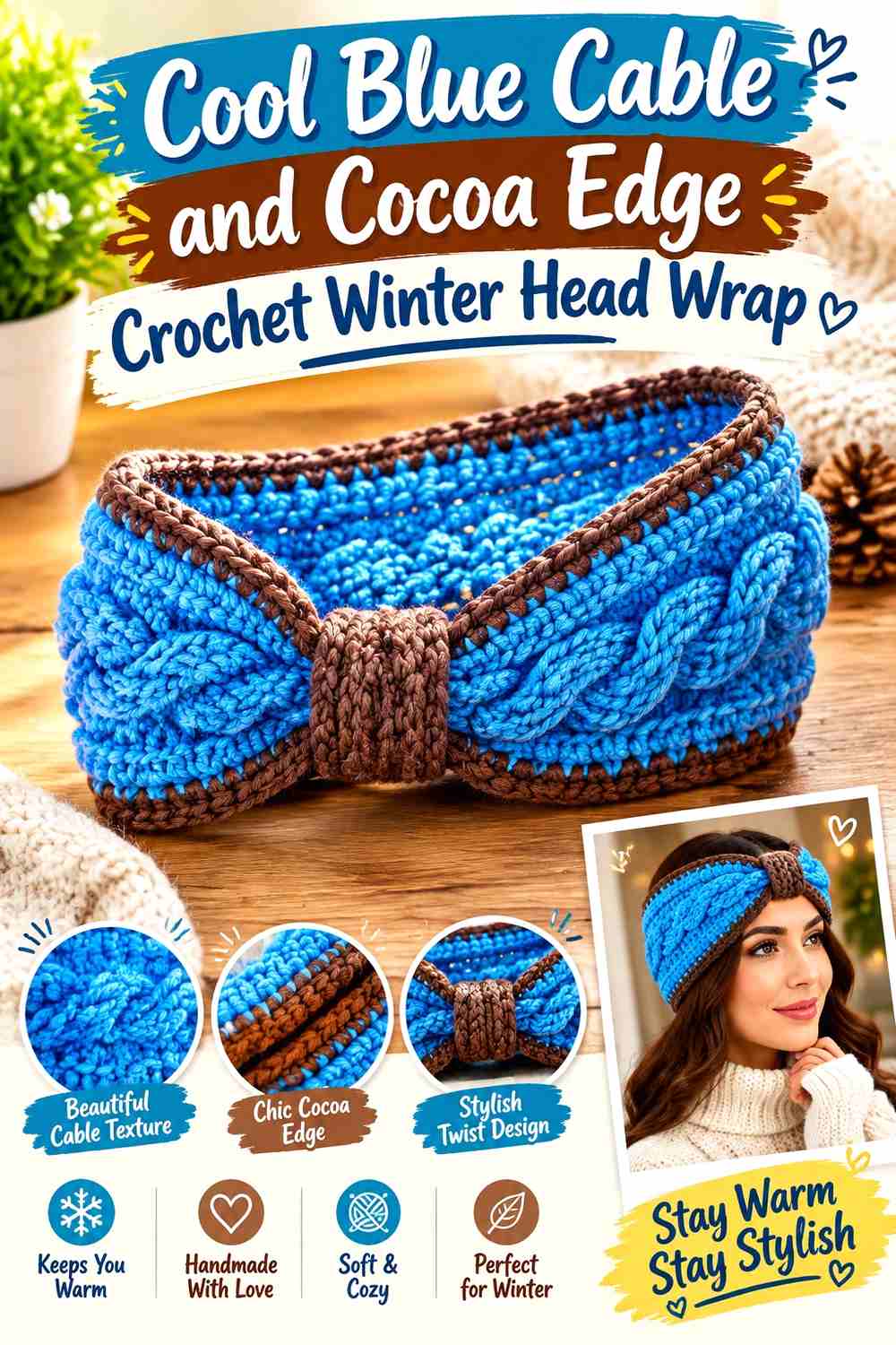 3. Cool Blue Cable And Cocoa Edge Crochet Winter Head Wrap