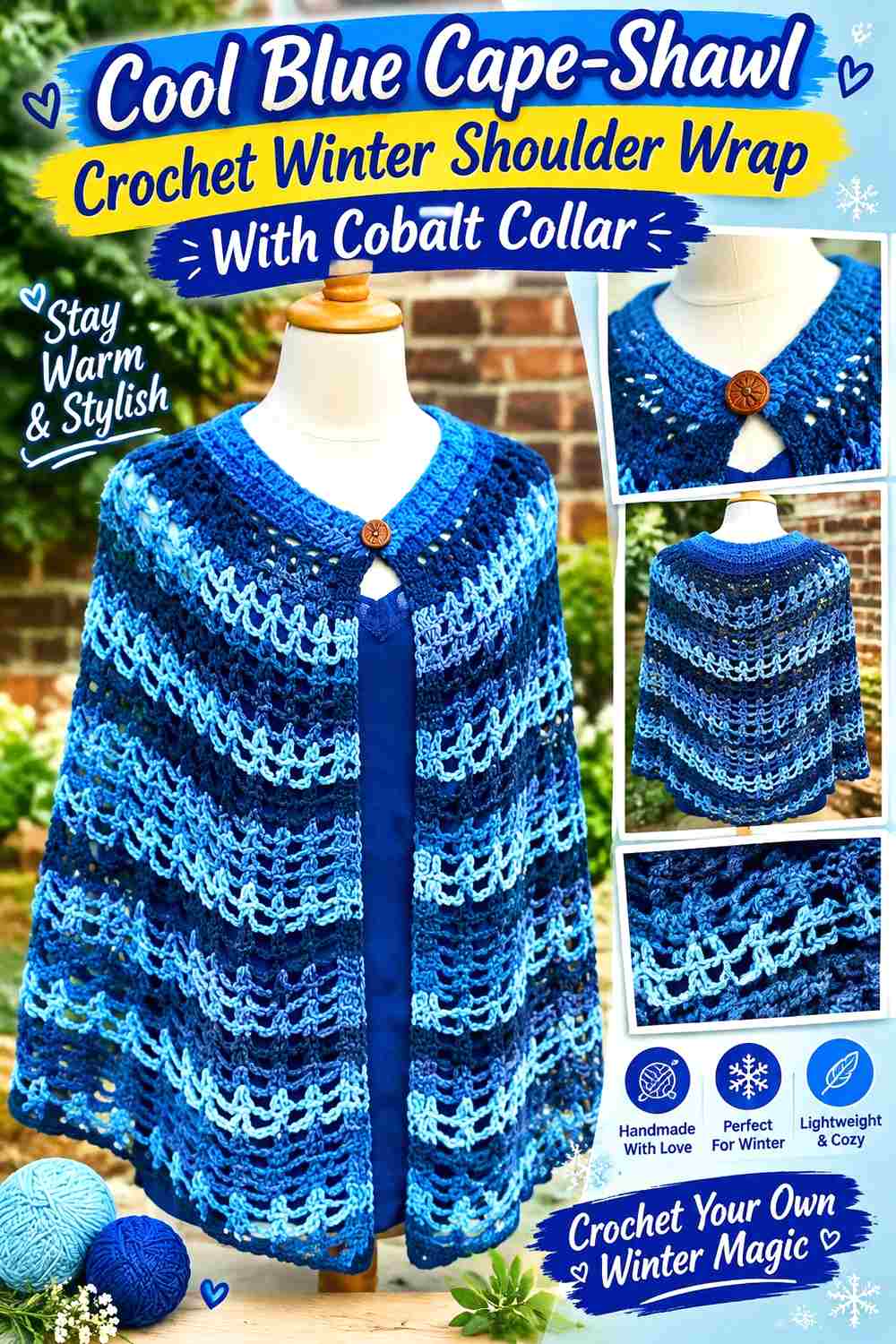 11. Cool Blue Cape Shawl Crochet Winter Shoulder Wrap With Cobalt Collar