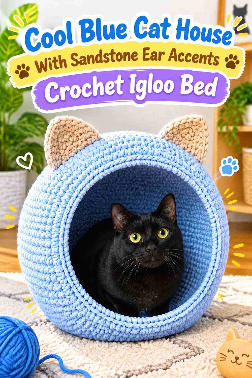 Cool Blue Cat House With Sandstone Ear Accents Crochet Igloo Bed