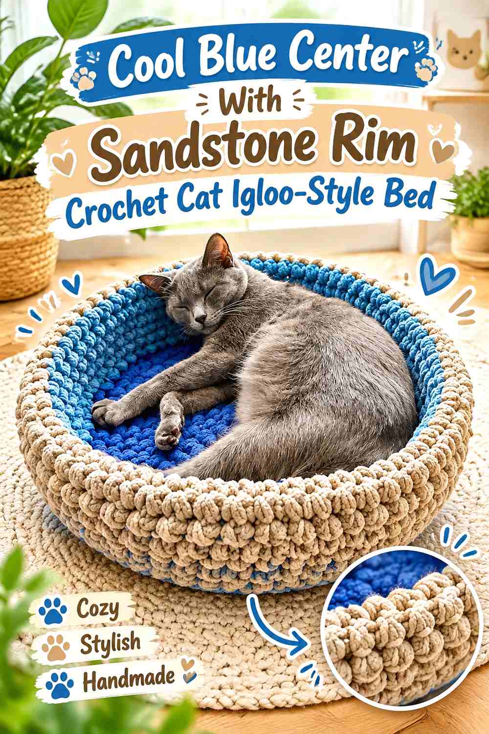 Cool Blue Center With Sandstone Rim Crochet Cat Igloo-Style Bed